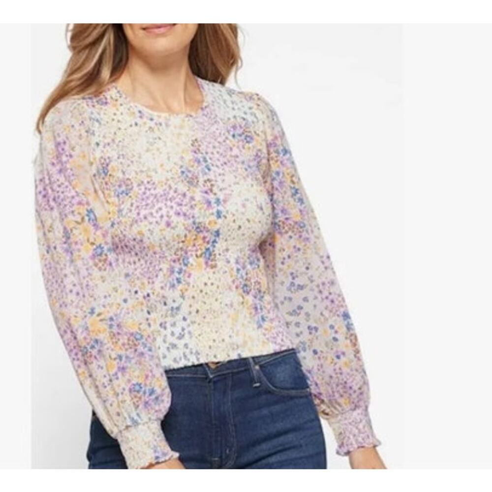 1. State Womens Long Sleeve Smocked Peasant Top Medium White Floral Frenzy